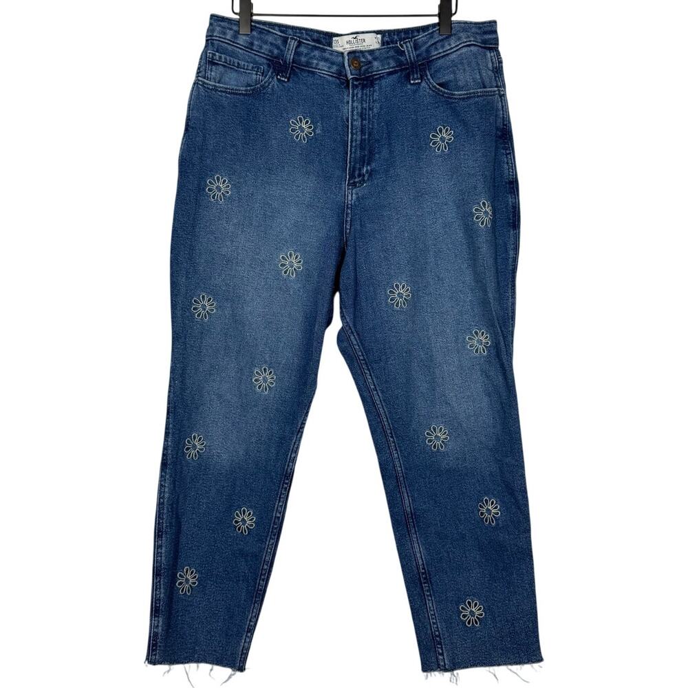 Hollister Mom Jeans Sz 31 Short‎ Blue Embroidered Floral Curvy High Rise Raw Hem
